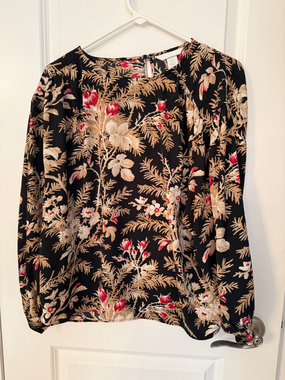 H&M Black Floral-Print Long Sleeve Blouse with Gold and Red Accents